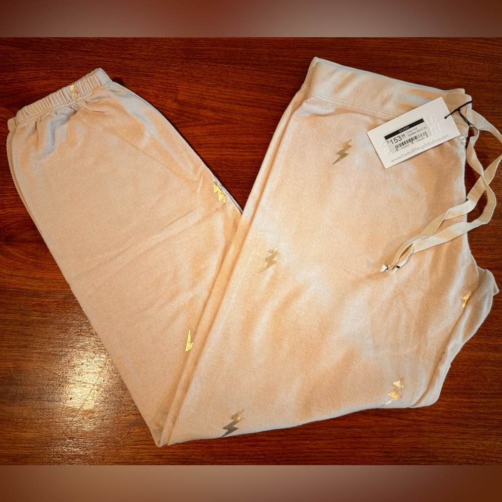 NWOT All Things Fabulous oatmeal lounge pants with gold foil lightning bolts